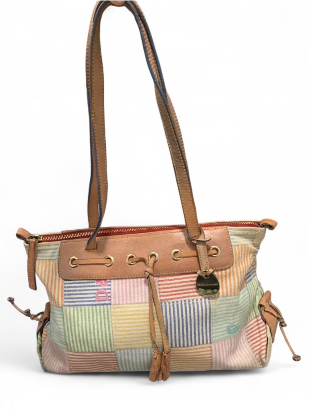 Y2K Dooney and Bourke Patchwork Striped Pastel Shoulder Bag with Tan Trim